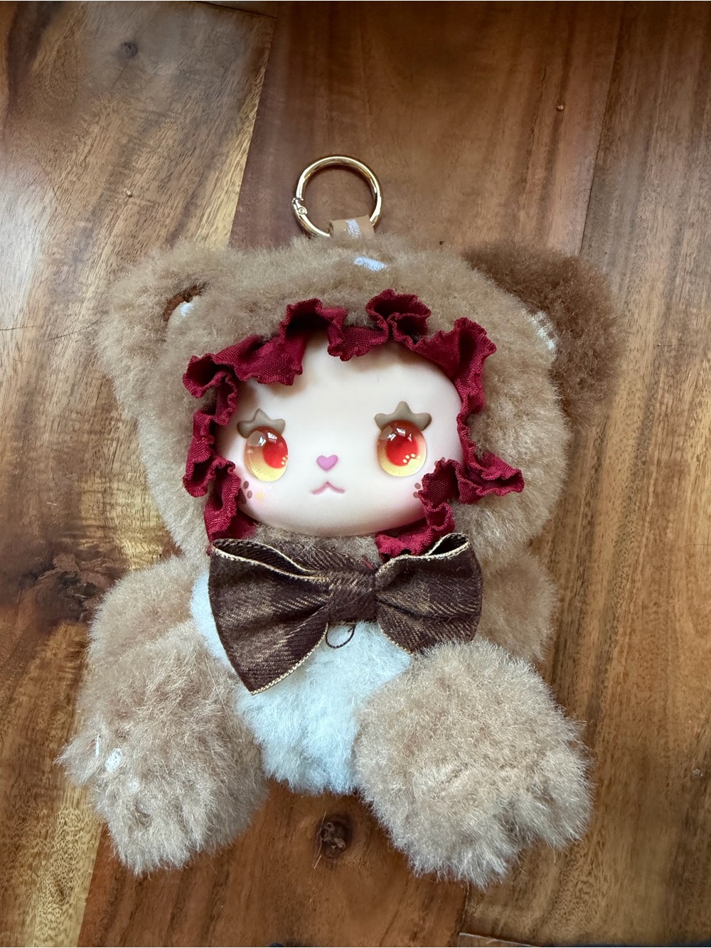 Plush Brown Bunny Keychain with Red-Rim Face and Brown Bow